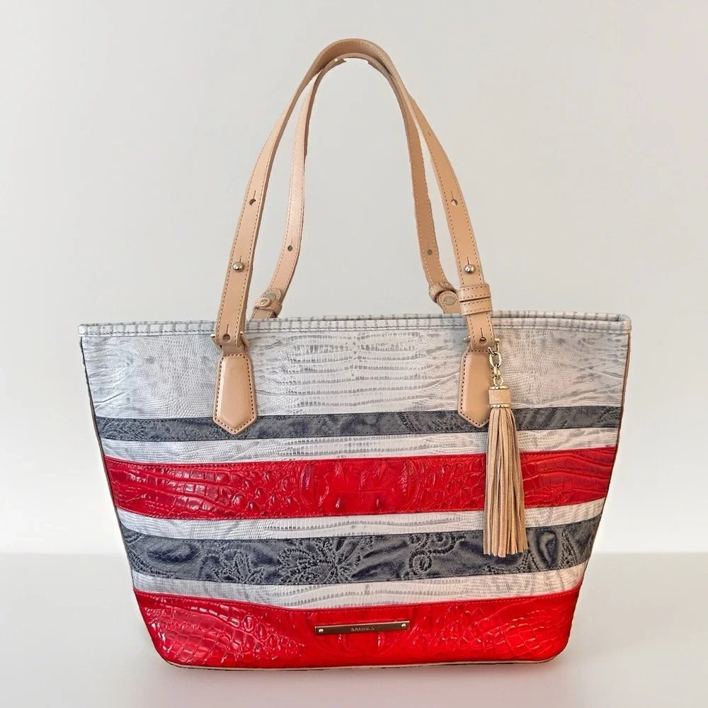 Brahmin Mini Asher Leather Satchel Shoulder Bag Gray Red Striped Preppy
